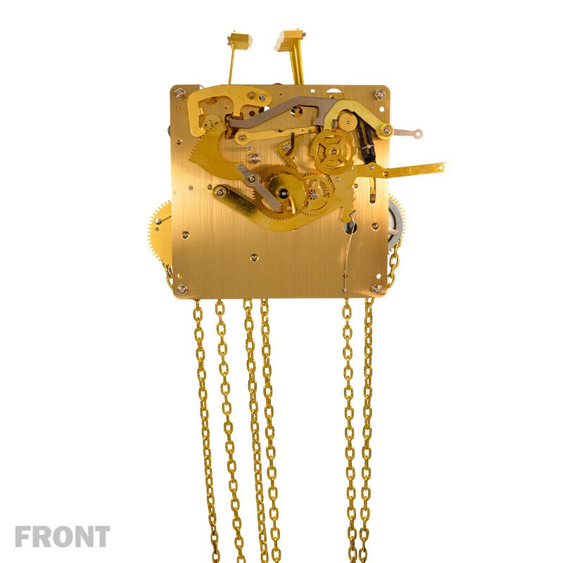 Brass UW32334 clock movement front with visible gears and hanging chains on white background with text saying 'Front'.
