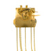 Brass clock movement with visible gears and hanging chains on white background.
