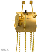 Brass clock movement with visible gears, hanging chains and hammers with 'Back' title.