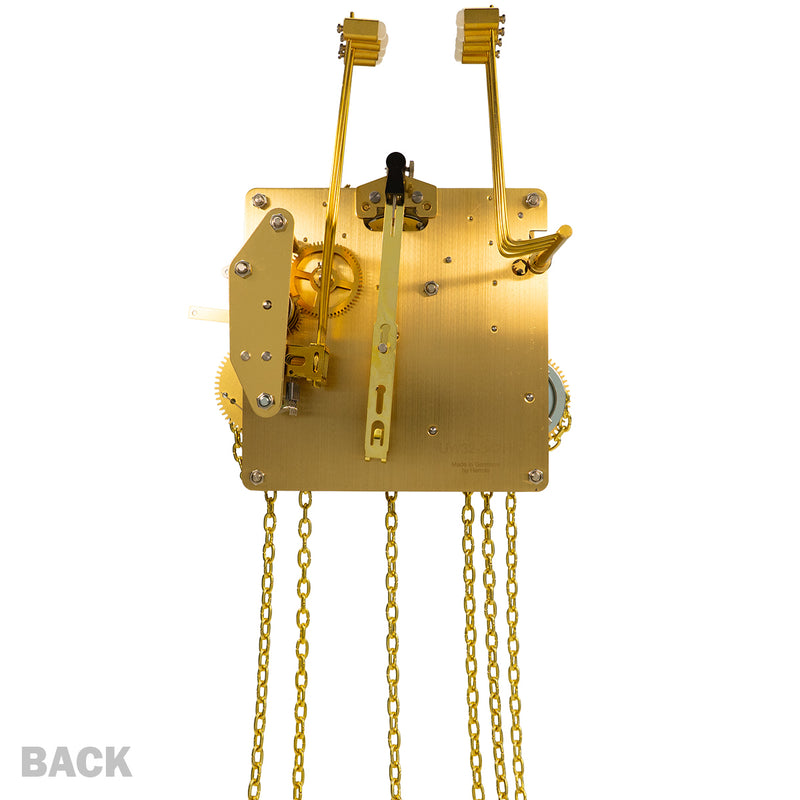 Brass clock movement with visible gears, hanging chains and hammers with 'Back' title.