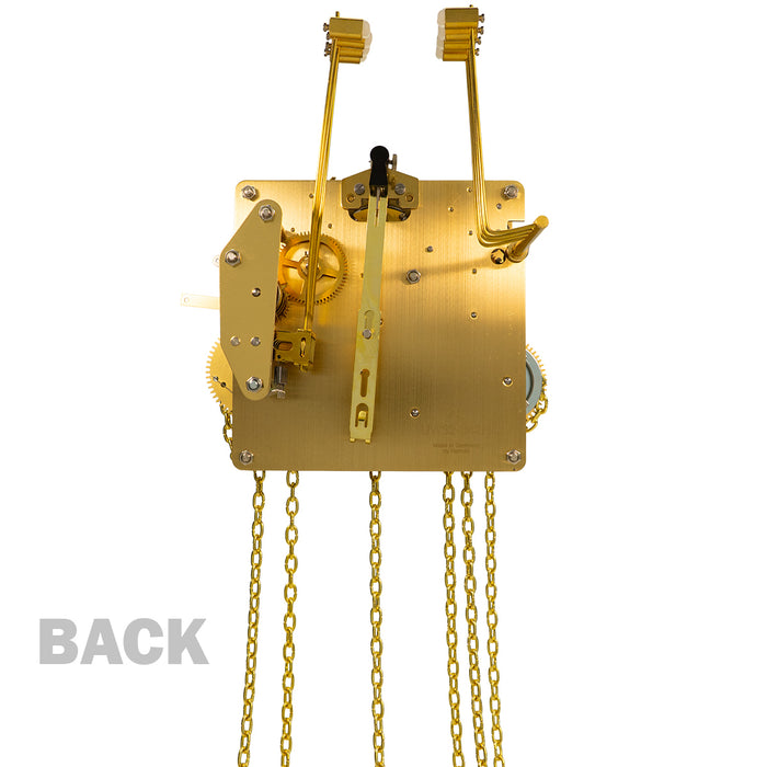 Brass clock movement with visible gears, hanging chains and hammers with 'Back' title.