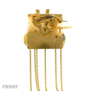Brass clock movement with visible gears and hanging chains and 'Front' 