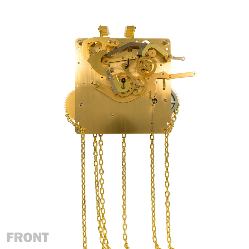 Brass clock movement with visible gears and hanging chains and 'Front' 