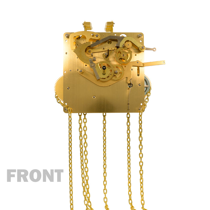 Brass clock movement with visible gears and hanging chains and 'Front' title.