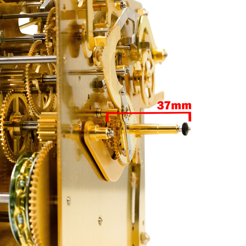 Close-up of a gold clock movement with a measurement label indicating 37mm.
