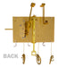 Brass clock movement with visible gears and hammers with 'Back' title.