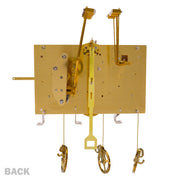 Brass clock movement with visible gears and hammers with 'Back' title.