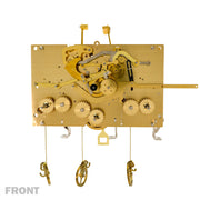 Brass clock movement with visible gears and 'Front' title.