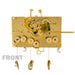 Brass clock movement with visible gears and 'Front' title.
