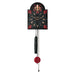 Black Wall clock with decorative red designs and red pendulum on white background.