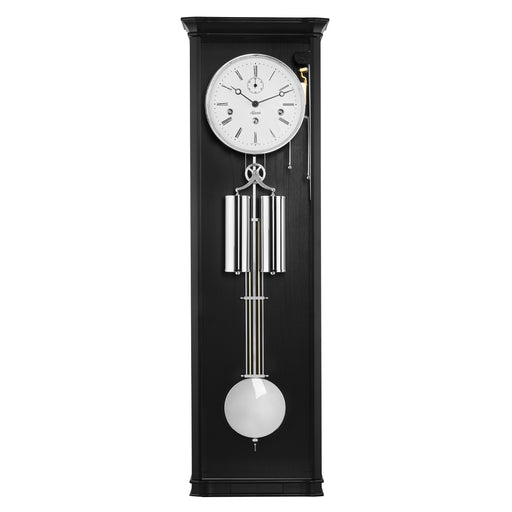 Black regulator wall clock with silver highlights on white background