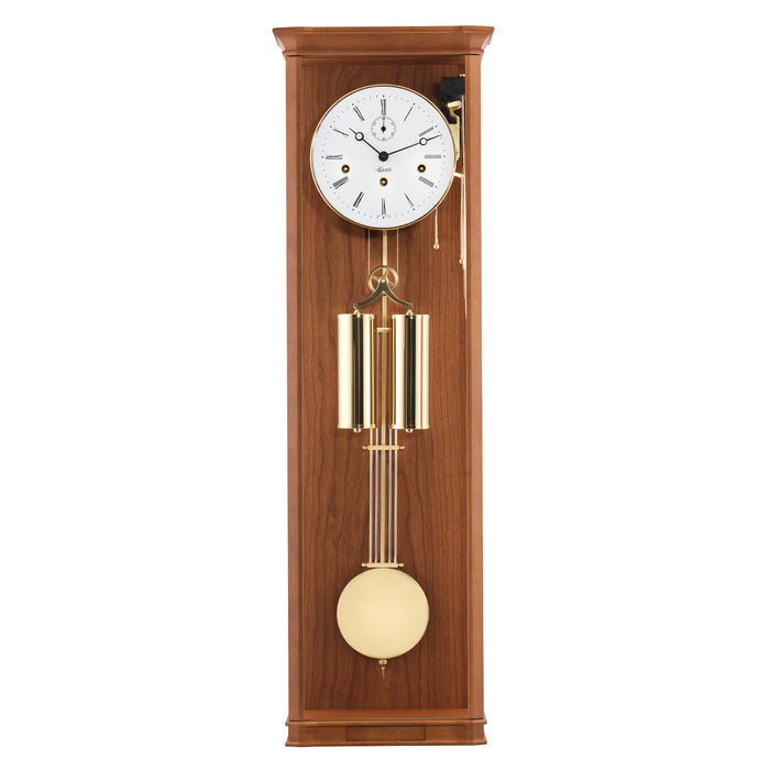 Light cherry wood regulator wall clock with brass highlights on white background