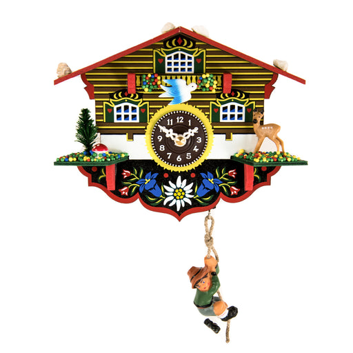 Decorative cuckoo clock with a house design, bird, deer, and a boy climbing a rope