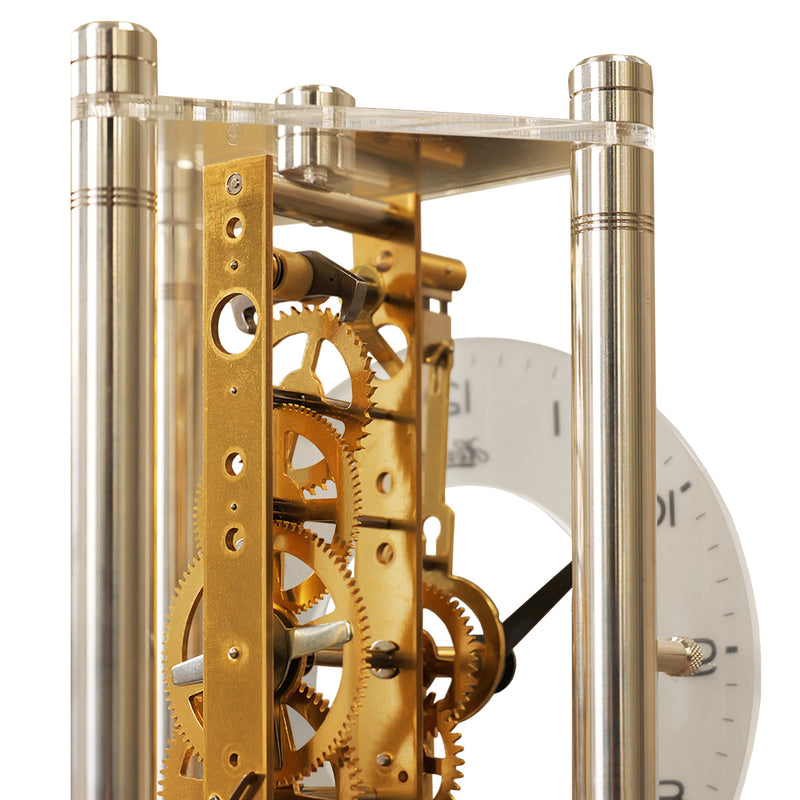 Close-up of a mechanical Lakin clock kit  with brass  gears and white face