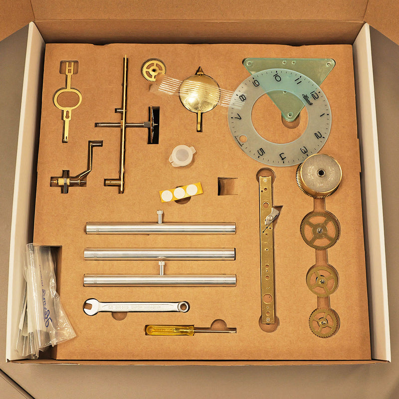 Clock parts of the Lakin clock kit by Hermle - packaged in cardboard box.