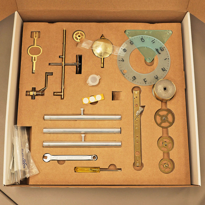 Clock parts of the Lakin clock kit by Hermle - packaged in cardboard box.